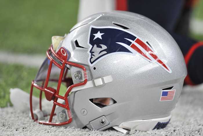 Nov 24, 2022; Minneapolis, Minnesota, USA; A New England Patriots helmet sits idle before the game between the Minnesota Vikings and the Patriots at U.S. Bank Stadium.